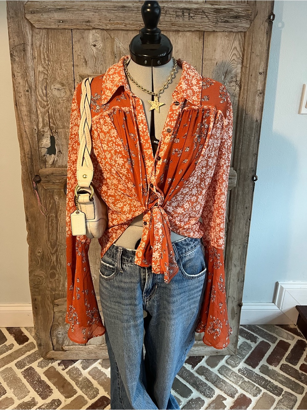 Free People Orange Floral Boho Bell Sleeve Top Boho Fairycore Whimsical 70s